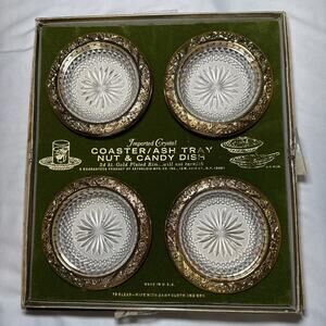 VTG Astorloid 24K Gold Plated Crystal Coasters Ashtrays Nut Dishes 4.5" Set of 4